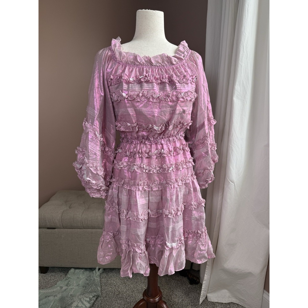 Cynthia Rowley Silk Foil Ruffle Dress Metallic Blush Fit & Flare Short S